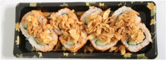 Gefrituurde kip, komkommer, sesam met topping van teriyakisaus en gebakken uitjes