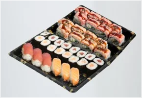 8 zalmcheese roll, 8 tunaroll, 8 tonijnmaki, 8 zalmmaki, 3 zalm nigiri, 3 tonijn nigiri