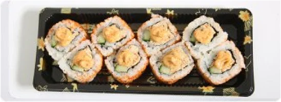 Gefrituurde garnaal, masago, komkommer en 7 spice