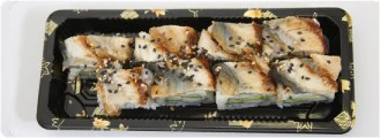 Krab, komkommer, buitenkant avocado en paling